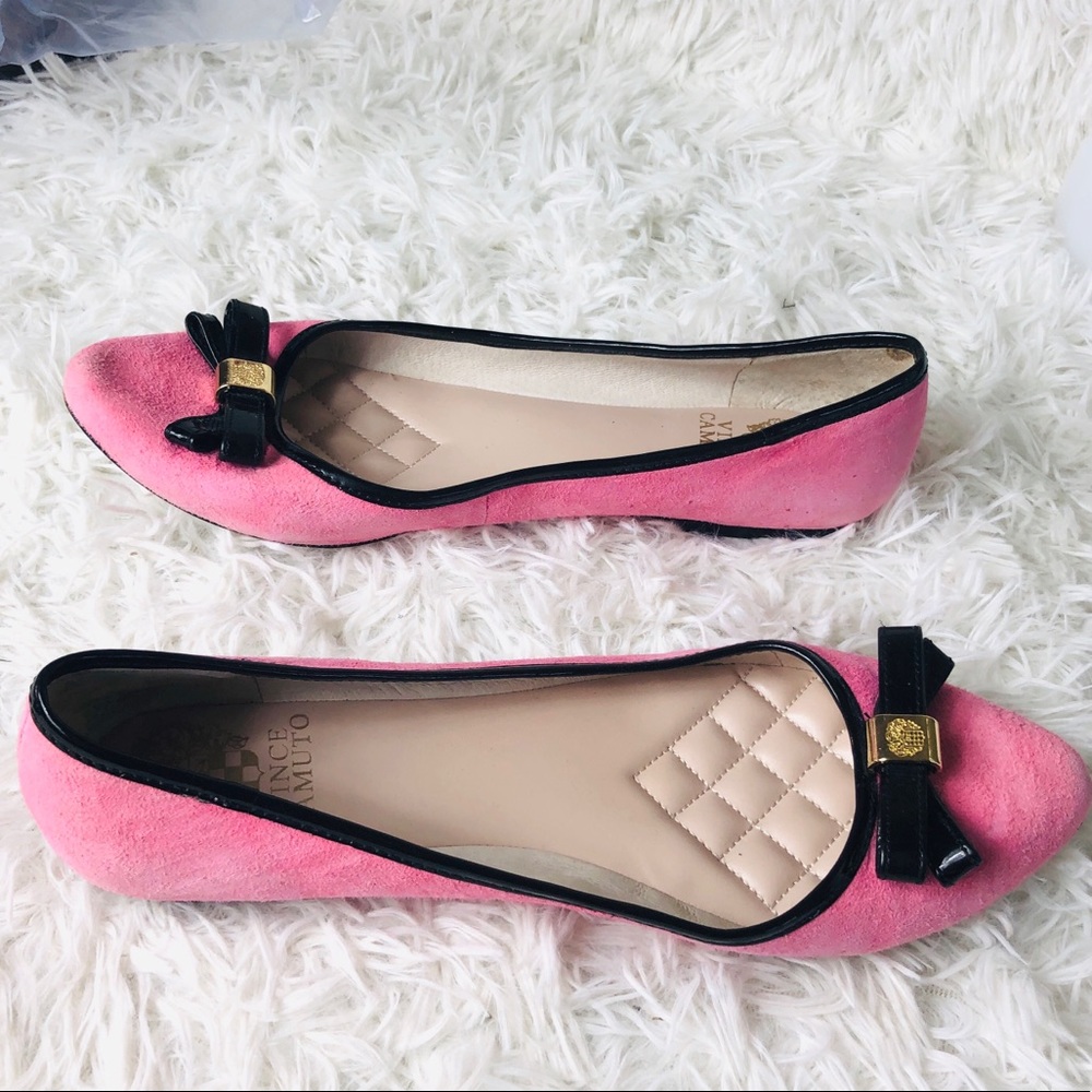 Vince Camuto Pink Suede Ballet Flats with Black Patent Trim & Bow